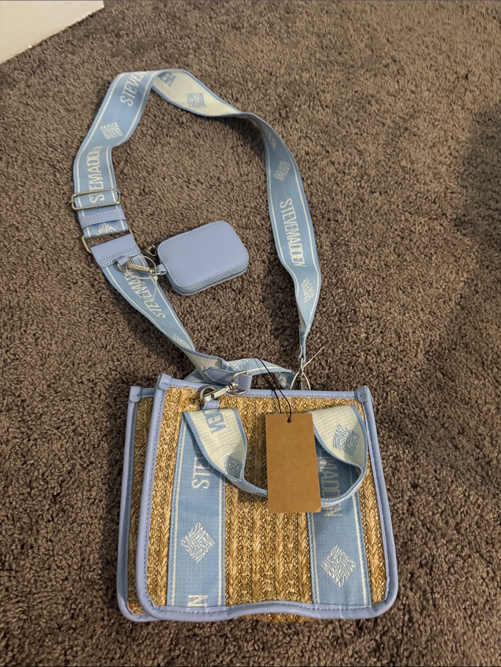 Steve Madden Blue Trim Straw Crossbody with Branded Strap
